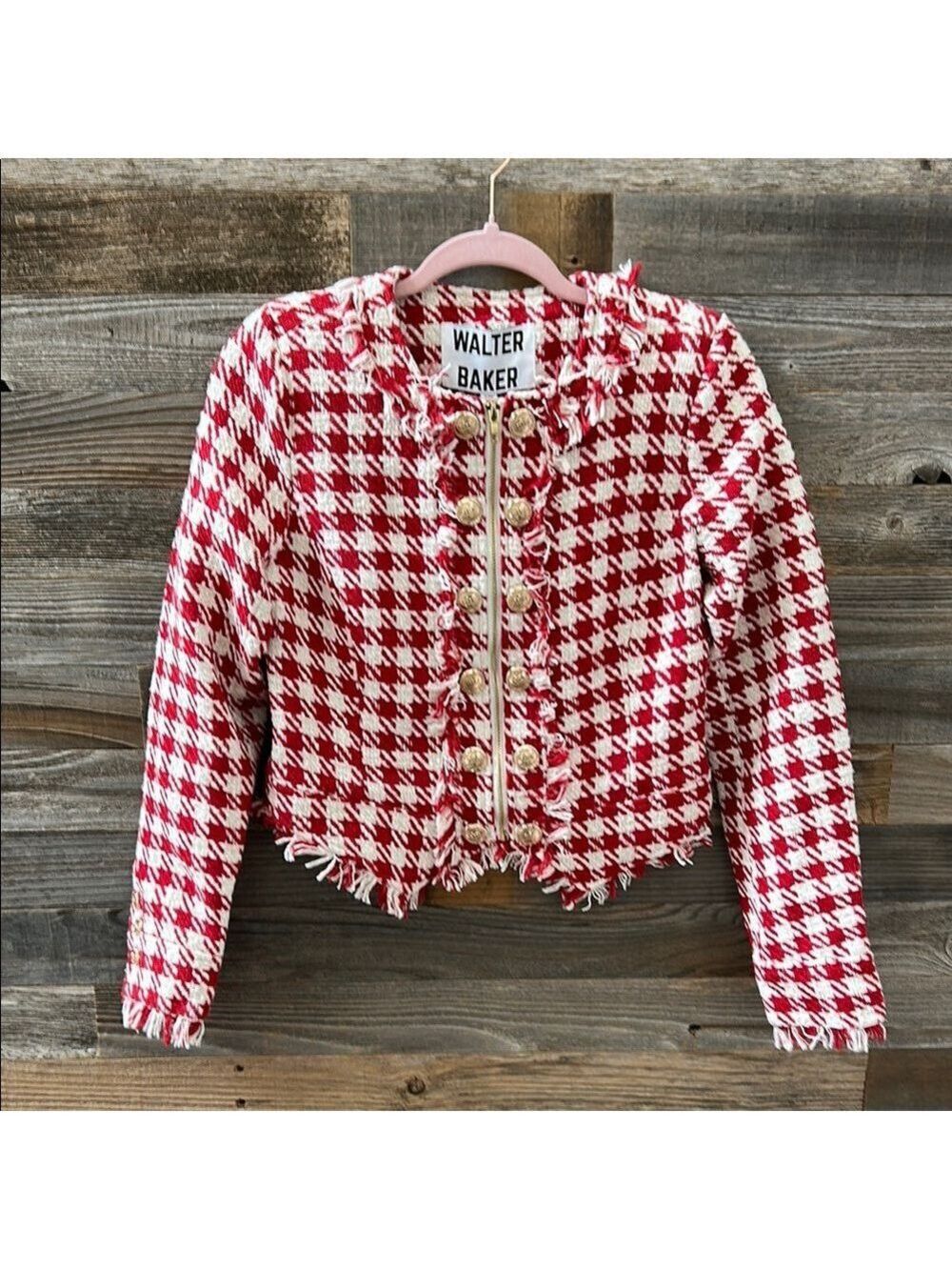 NWT Walter Baker Red and White Brittany Picnic Tweed Jacket Front Zip XS